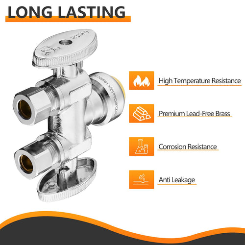 10 Pcs 1/2" Push Connect x Dual 3/8" OD Compr. Compr. Straight Stop Valve, 1/4 Turn (Lead Free) Plumbingsell