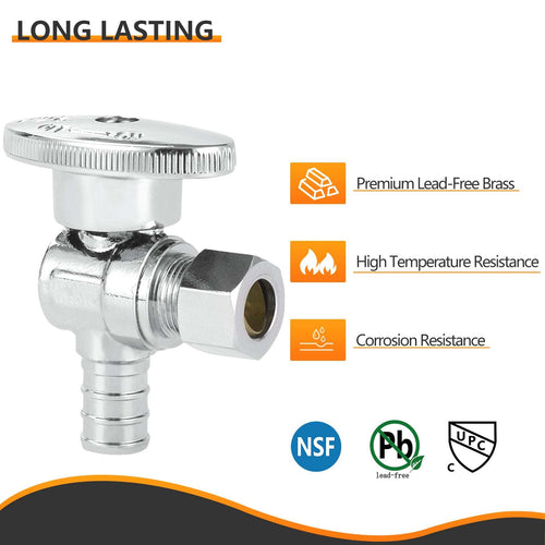 10 Pcs 1/2" PEX Crimp x 3/8" OD Compr. Angle Stop Valve, 1/4 Turn (Lead Free) Plumbingsell