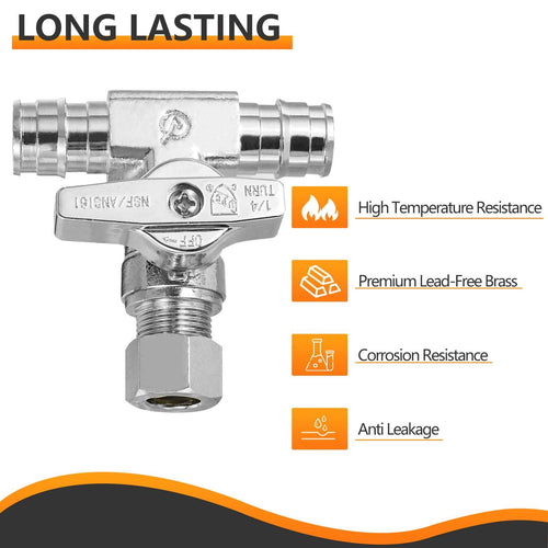 10 Pcs 1/2" PEX Expansion x 1/2" PEX Expansion x 3/8" OD Compr. Tee Stop Valve, 1/4 Turn (Lead Free) Plumbingsell