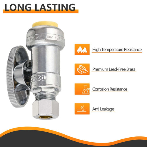 1/2" Push Connect x 1/4" OD Straight Stop Valve, 1/4 Turn (Lead Free)