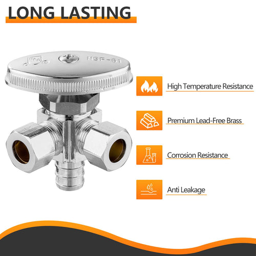 10 Pcs 1/2" PEX Crimp x 3/8" ODx 3/8" OD Compr. Dual Angle Stop Valve, Multi Turn (Lead Free) Plumbingsell