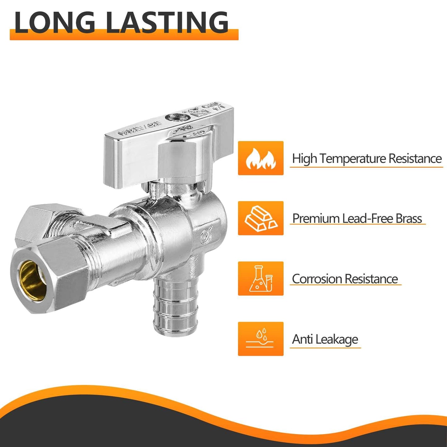 10 Pcs 1/2" PEX Crimp x 3/8" ODx 3/8" OD Compr. Split Angle Stop Valve, Quarter Turn (Lead Free)