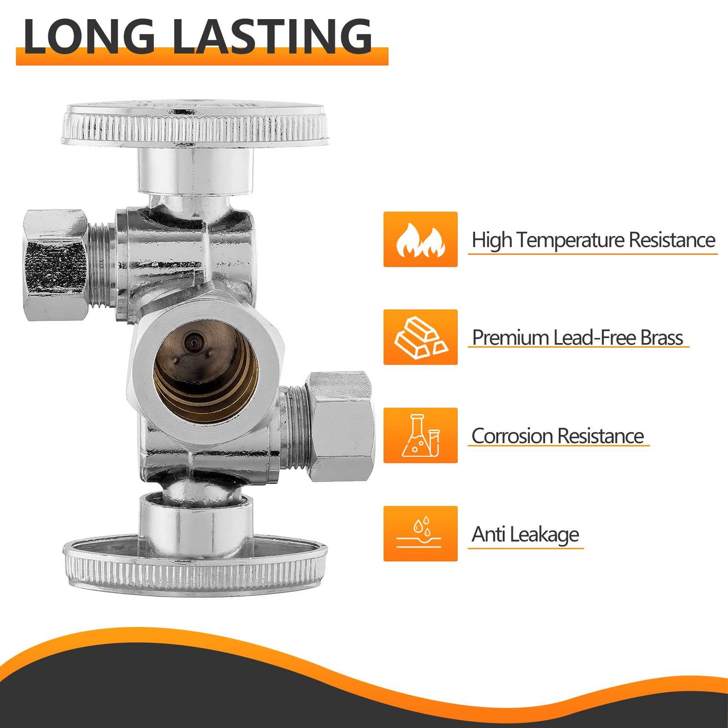 10 Pcs 5/8" OD Compr. x 3/8" OD Compr. x 3/8" OD Compr. 3-Way Stop Valve, Multi Turn (Lead Free)