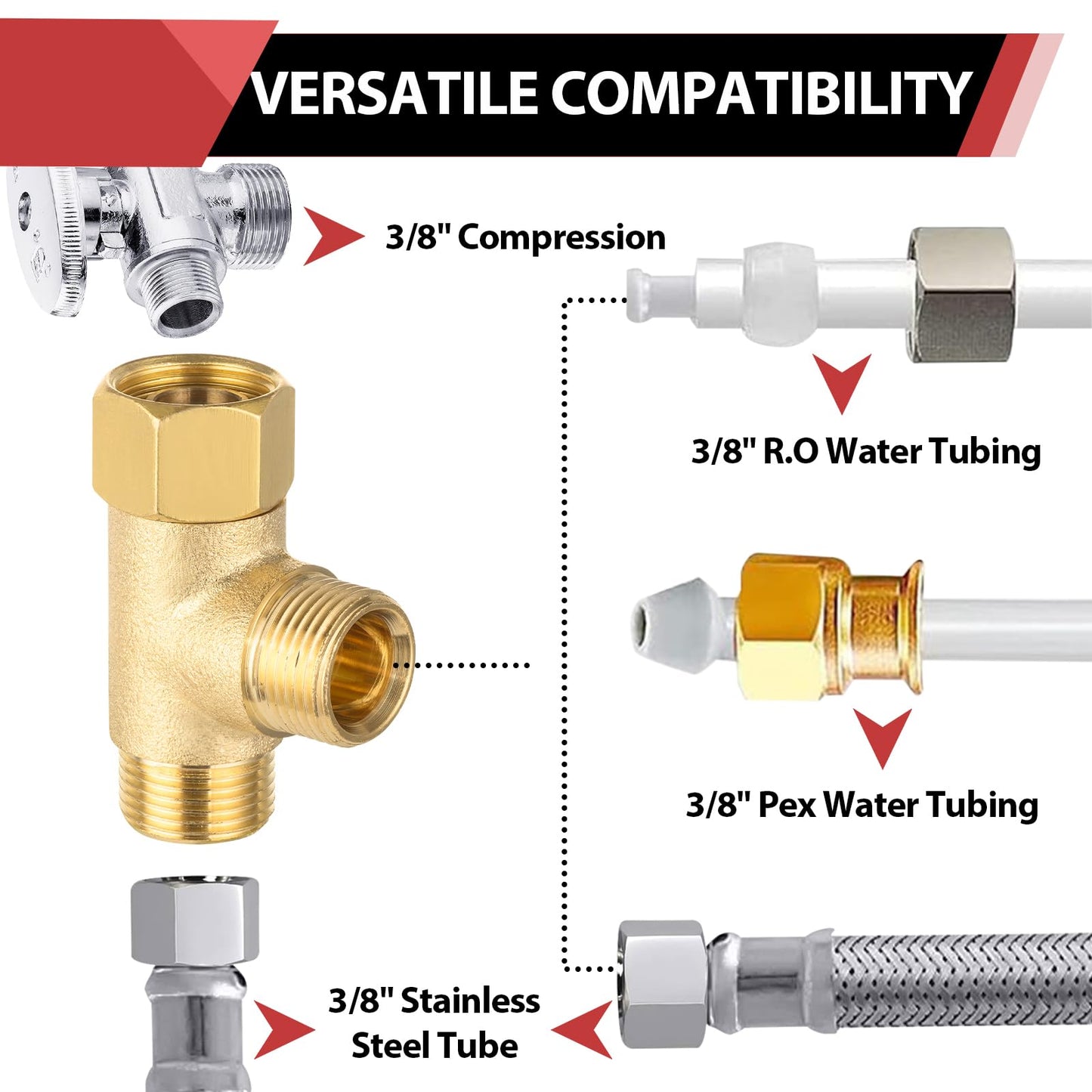 10 Pcs 3/8" Compr. x 3/8" Compr. x 3/8" Brass Tee Adapter
