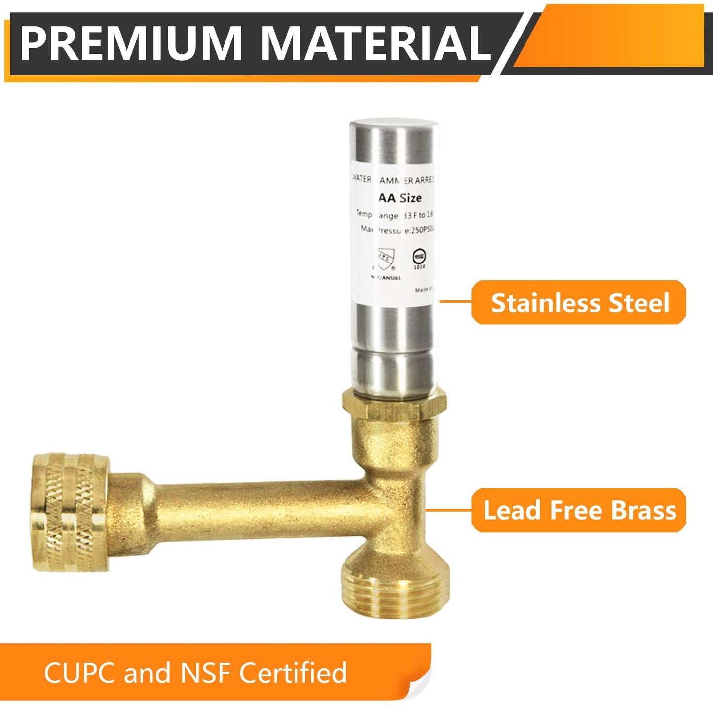 3/4" Swivel FHT x 3/4" MHT, Stainless Steel Tee Water Hammer Arrestors