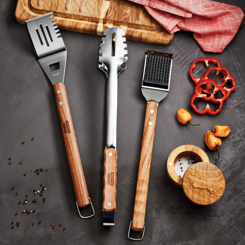 Tramontina 3 PK Utensils Set (Spatula, Meat Tong, Grill Brush) Wood Handle Churrasco EasyOptionXY LLC