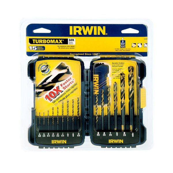 Irwin Turbomax Multi Size Dia x Multiple L High Speed Steel Drill Bit Set Straight Shank 15 pc EasyOptionXY LLC