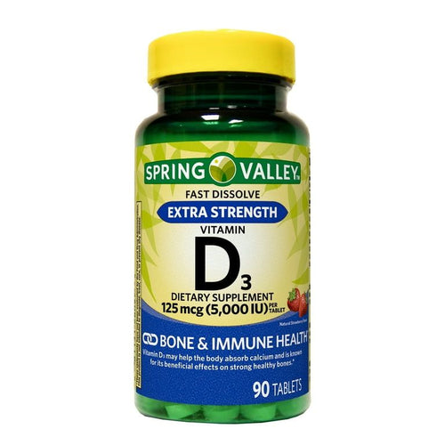 Spring Valley Extra Strength Vitamin D3 Fast Dissolve Tablets Dietary Supplement, 125 Mcg (5,000 IU), Strawberry Flavor, 90 Count EasyOptionXY LLC