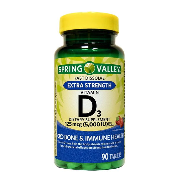Spring Valley Extra Strength Vitamin D3 Fast Dissolve Tablets Dietary Supplement, 125 Mcg (5,000 IU), Strawberry Flavor, 90 Count EasyOptionXY LLC