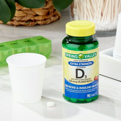 Spring Valley Extra Strength Vitamin D3 Fast Dissolve Tablets Dietary Supplement, 125 Mcg (5,000 IU), Strawberry Flavor, 90 Count EasyOptionXY LLC