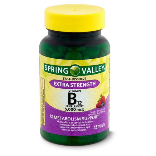 Spring Valley Extra Strength Vitamin B12 Metabolism Support Dietary Supplement Fast Dissolve Tablets, Mixed Berry, 5000 mcg, 45 Count EasyOptionXY LLC
