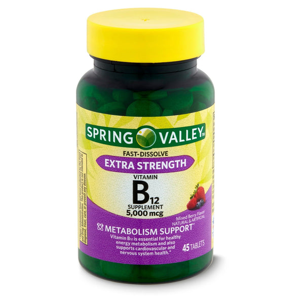 Spring Valley Extra Strength Vitamin B12 Metabolism Support Dietary Supplement Fast Dissolve Tablets, Mixed Berry, 5000 mcg, 45 Count EasyOptionXY LLC