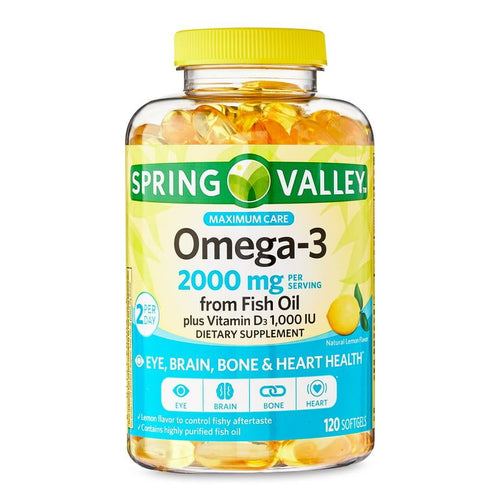 Spring Valley Maximum Care Omega-3 from Fish Oil Eye Brain Bone & Heart Health Dietary Supplement Softgels, 2000 mg, 120 Count EasyOptionXY LLC