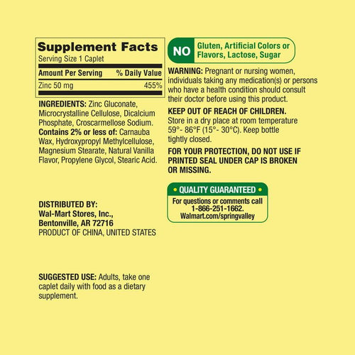 Spring Valley Zinc Immune Support Dietary Supplement Caplets, 50 mg, 200 Count EasyOptionXY LLC