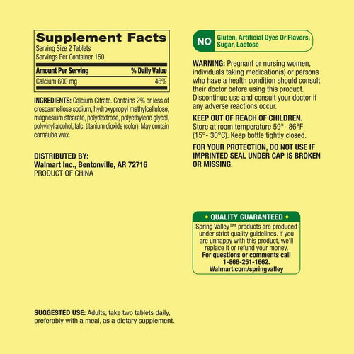 Spring Valley Calcium Citrate Tablets Dietary Supplement, 600 mg, 300 Count EasyOptionXY LLC