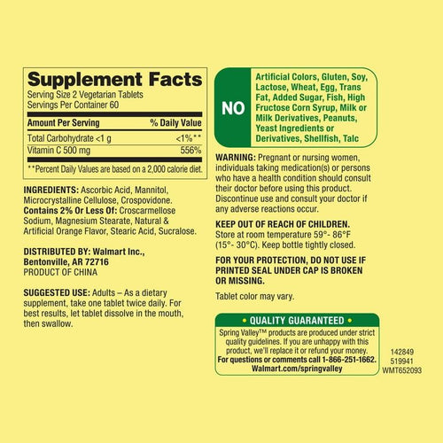 Spring Valley Vitamin C Fast Dissolve Tablets Dietary Supplement, Orange Flavor, 500 mg, 120 Count EasyOptionXY LLC