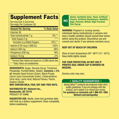 Spring Valley Calcium 500 mg plus Vitamin D 25 mcg Bone Health Dietary Supplement Gummies, 100 Count EasyOptionXY LLC