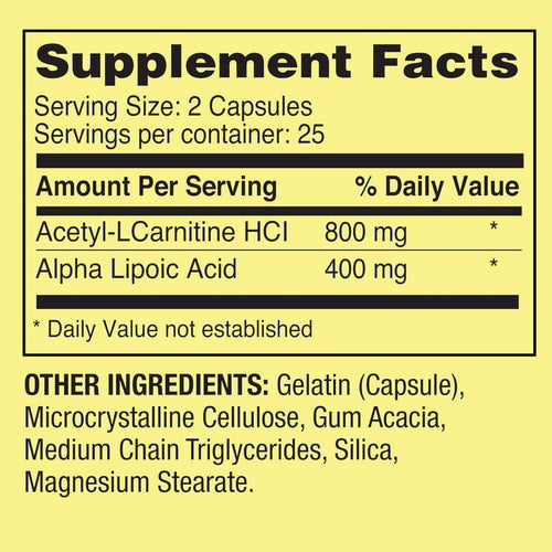 Spring Valley Acetyl L-Carnitine HCI 400 mg + Alpha Lipoic Acid 200 mg Capsules, 50 Count EasyOptionXY LLC