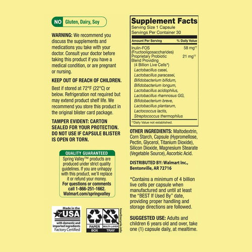 Spring Valley Daily Probiotic Dietary Supplement, 30 Vegetarian Capsules EasyOptionXY LLC