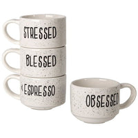 4 8 oz. White and Black Speckled Sentiment Espresso Stoneware Mugs with Rack EasyOptionXY LLC