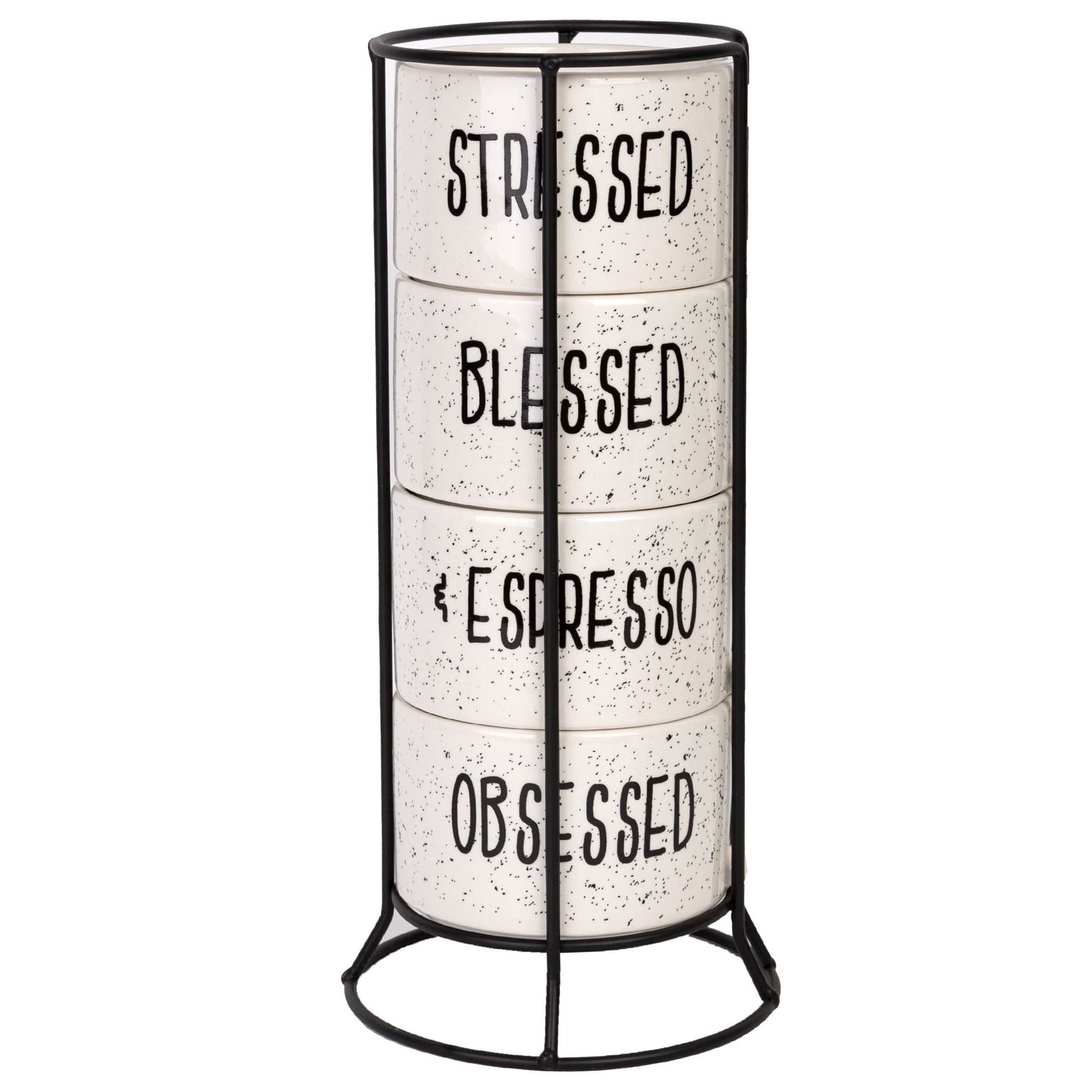4 8 oz. White and Black Speckled Sentiment Espresso Stoneware Mugs with Rack EasyOptionXY LLC