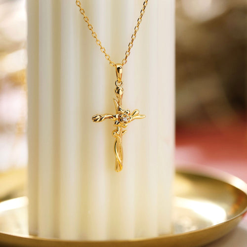 Floral Cross March Daffodil Birth Flower Necklace