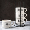 White and Black Speckled Sentiment Espresso Stoneware Mugs with Rack, 4 8 oz EasyOptionXY LLC