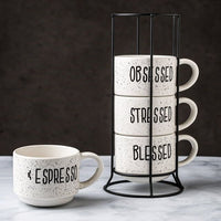 White and Black Speckled Sentiment Espresso Stoneware Mugs with Rack, 4 8 oz EasyOptionXY LLC