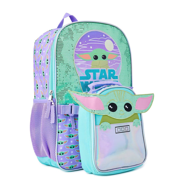 Star Wars Mandalorian Baby Yoda Girls 17" Laptop Backpack 2-Piece Set with Lunch Tote Bag, Purple Green EasyOptionXY LLC
