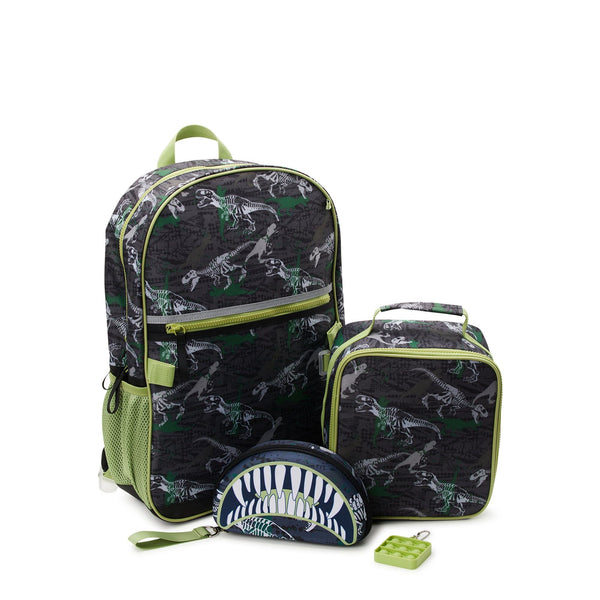 Wonder Nation Kids 17" Laptop Backpack and Lunch Tote Set, 4-Piece, Dinosaur Print Black Soot EasyOptionXY LLC