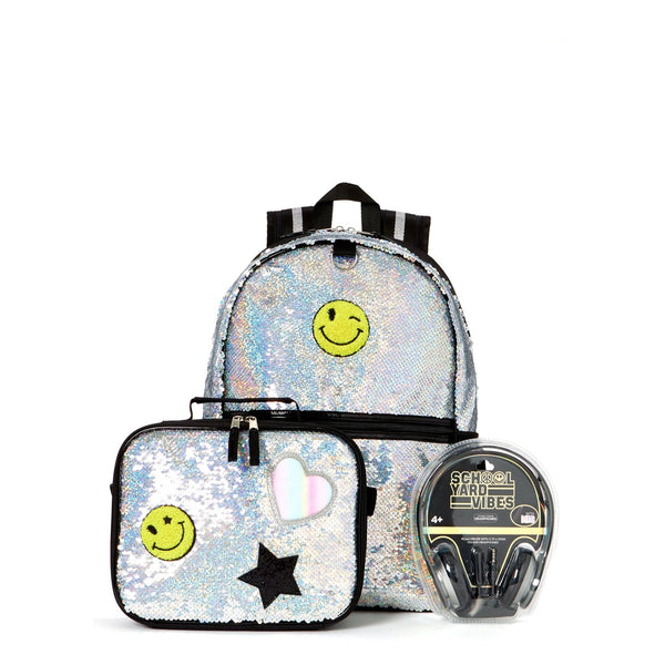 Schoolyard Vibes Sequin Patch Girls 16" 3 Piece Headphone with Lunch Kids Backpack Set, Silver EasyOptionXY LLC