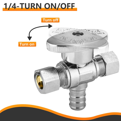 10 Pcs 1/2" PEX Crimp x 3/8" OD Compr. x 3/8" OD Compr. Dual Outlet Angle Stop Valve, 1/4 Turn (Lead Free) Plumbingsell
