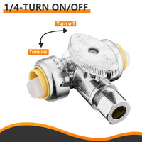 10 Pcs 1/2" Push Connect x 1/2" Push Connect x 3/8" OD Compr. Tee Stop Valve, 1/4 Turn (Lead Free) Plumbingsell