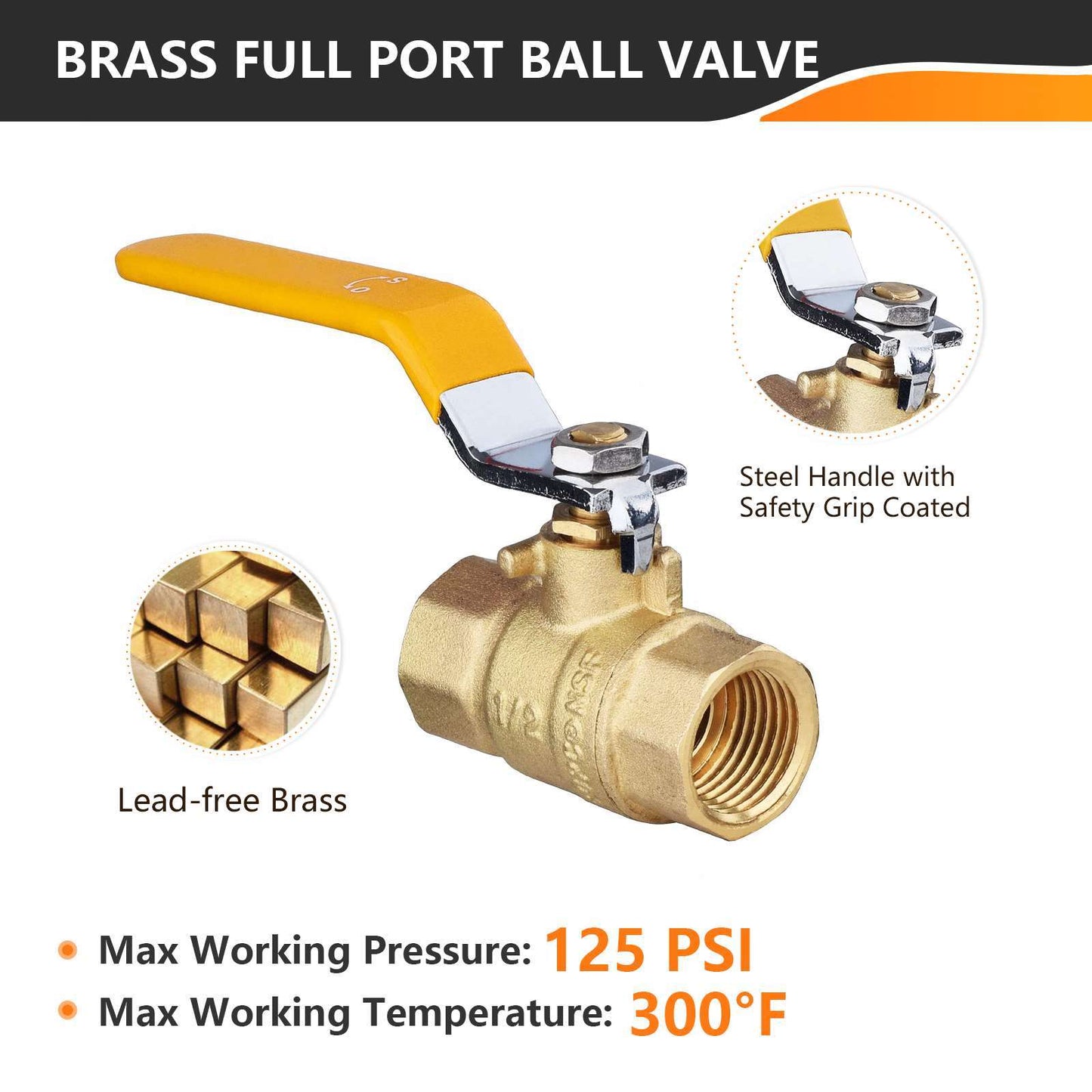 10 Pcs 1/2" FNPT Ball Valve, Yellow (Lead Free)