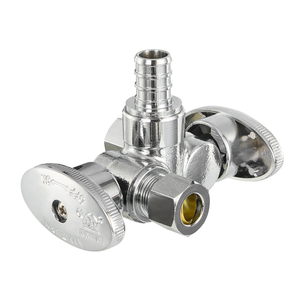 10 Pcs 1/2" PEX Crimp x 3/8" OD Compr. x 3/8" OD Compr. Dual Stop Valve, 1/4 Turn (Lead Free)