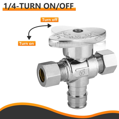 1/2" PEX Expansion x 3/8" OD Compr. x 3/8" OD Compr. Dual Outlet Angle Stop Valve, 1/4 Turn (Lead Free) Plumbingsell