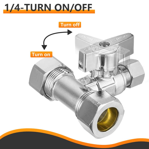 10 Pcs 5/8" OD Compr. x 5/8" OD Compr. x 3/8" OD Compr. Tee Stop Valve, 1/4 Turn (Lead Free) Plumbingsell