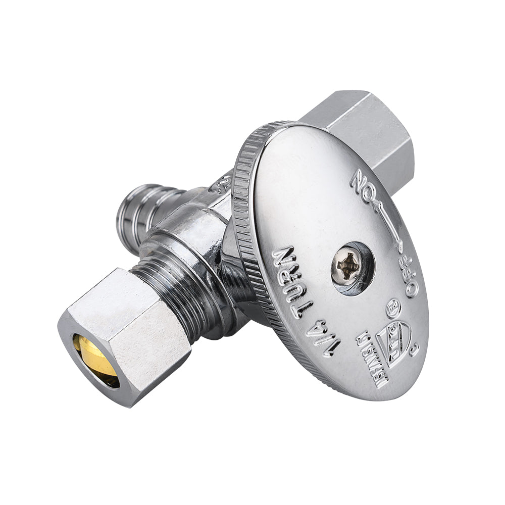 10 Pcs 1/2" PEX Crimp x 3/8" OD Compr. x 3/8" OD Compr. Dual Outlet Angle Stop Valve, 1/4 Turn (Lead Free)