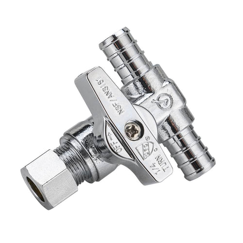 1/2" PEX Crimp x 1/2" PEX Crimp x 3/8" OD Compr. Tee Stop Valve, 1/4 Turn (Lead Free) Plumbingsell