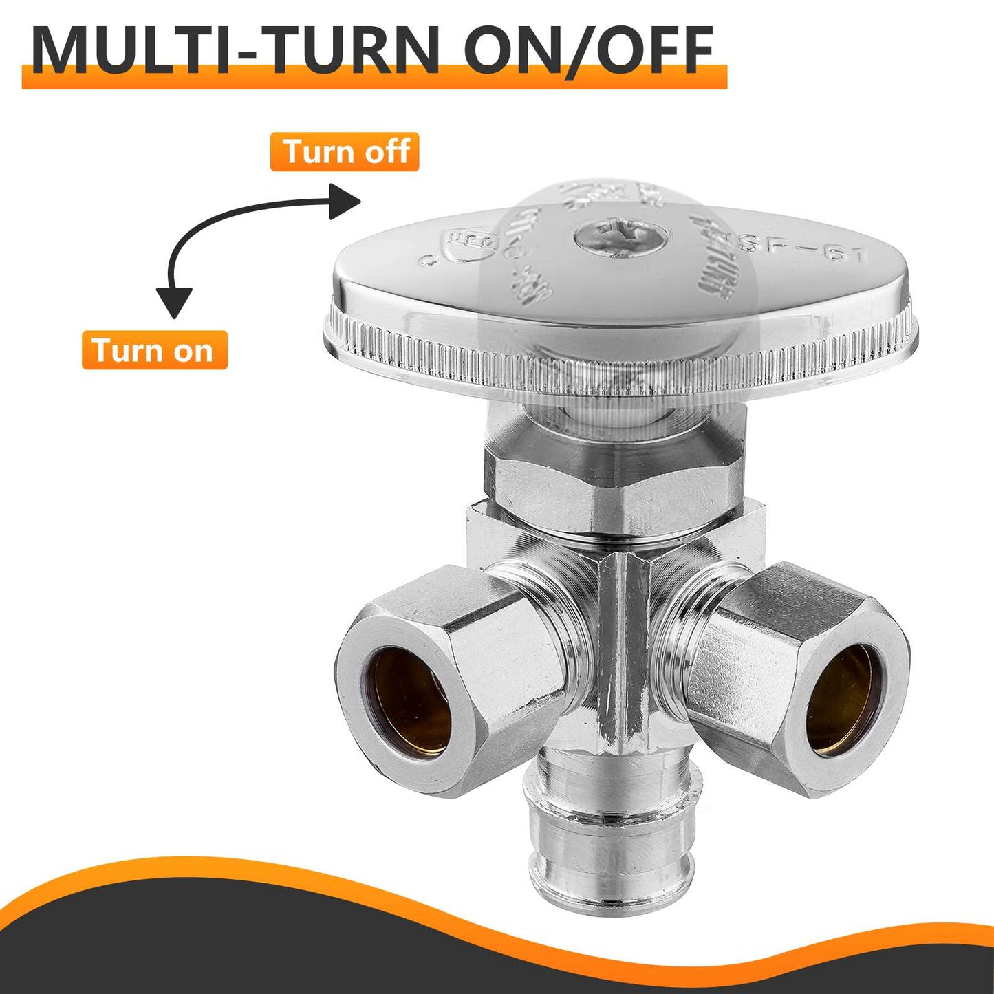 1/2" Pex-a Expansion (F1960) Inlet x 3/8" ODx 3/8" OD Compr. Dual Angle Stop Valve, Multi Turn (Lead Free)