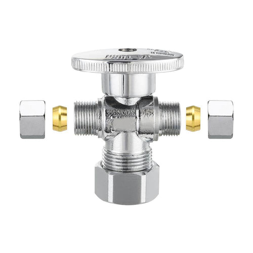 5/8" OD Compr. x 3/8" OD Compr. x 3/8" OD Compr. Dual Outlet Angle Stop Valve, 1/4 Turn (Lead Free) Plumbingsell