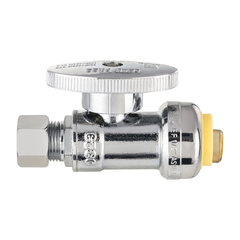1/2" Push Connect x 3/8" OD Push Fit Straight Stop Valve, 1/4 Turn (Lead Free)