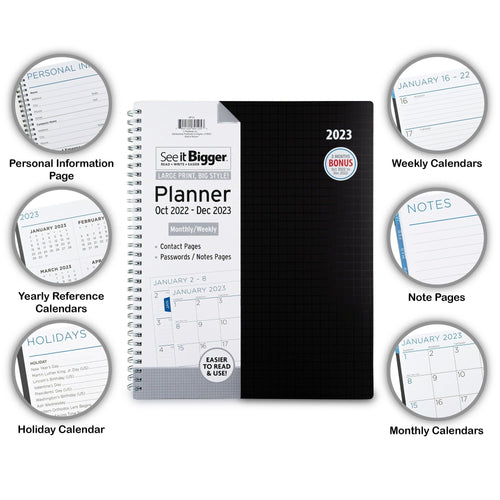 See It Bigger Monthly & Weekly Planner, April 2023 - June 2024 (9.75" x 11") Black EasyOptionXY LLC