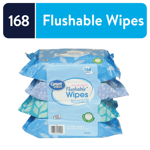Great Value Fresh Scent Flushable Wipes, 4 Resealable Packs, 168 Total Wipes EasyOptionXY LLC