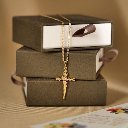 Floral Cross December Holly Birth Flower Necklace