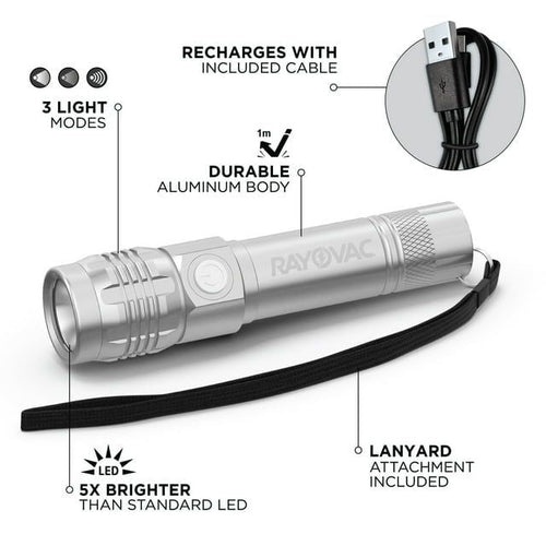 Rayovac Metal Rechargeable LED Flashlight with USB Charging Cable, 300 Lumens, 18650 Battery EasyOptionXY LLC