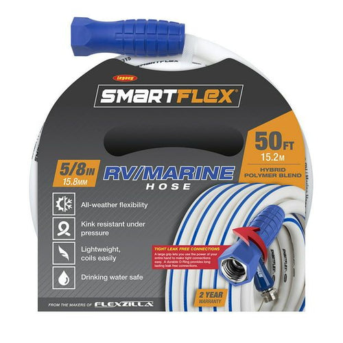 SmartFlex? RV/Marine Hose, 5/8" x 50', 3/4" - 11 1/2 GHT Fittings, Hybrid Polymer Blend, White EasyOptionXY LLC