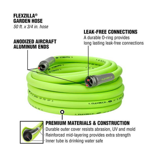 Flexzilla? Garden Hose, 3/4" x 50', 3/4" - 11 1/2 GHT Fittings, Flexible Hybrid Polymer, ZillaGreen? EasyOptionXY LLC
