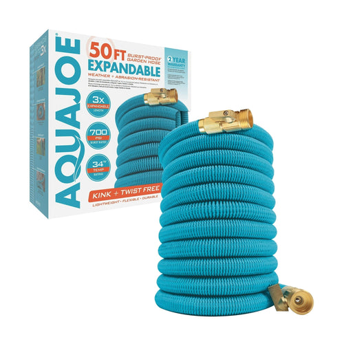 Aqua Joe Kink-Free 50-Foot Expandable Garden Hoses W/ Heavy-Duty Brass Valve & Flow Control Shut-off, 5/8-inch (Light Blue) EasyOptionXY LLC