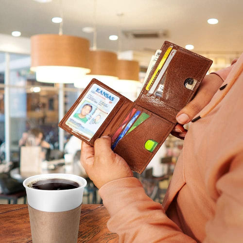 RFID Bifold Leather Wallet For Men with Flip Up ID in Vintage Buffalo Brown EasyOptionXY LLC